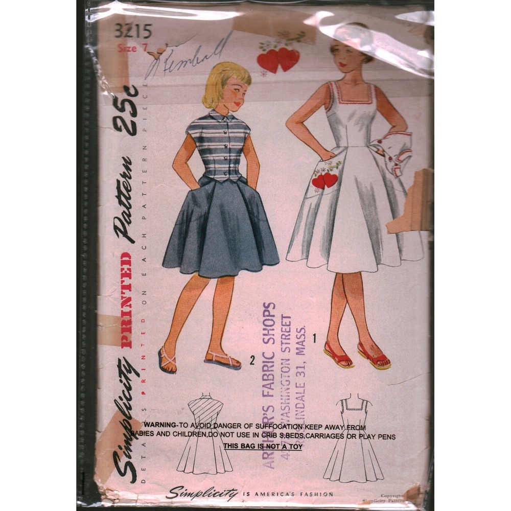 Vintage‎ Simplicity 3215 Girls Sun Dress and Jacket Sewing Pattern Size 7 1950s